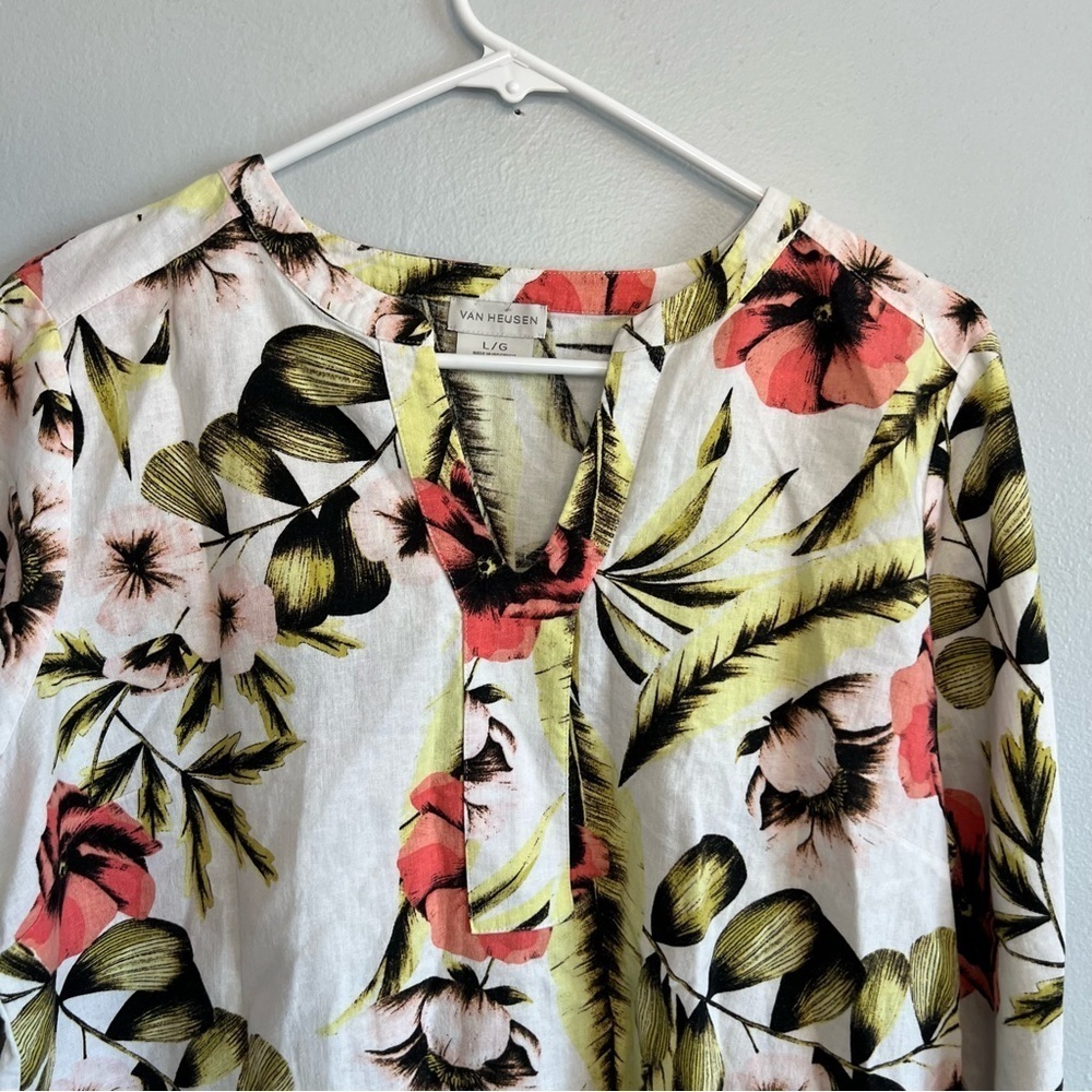 Van Heusen Womens Linen Rayon Pullover Blouse Floral Sz L Cruise Travel Spring - Picture 2 of 9